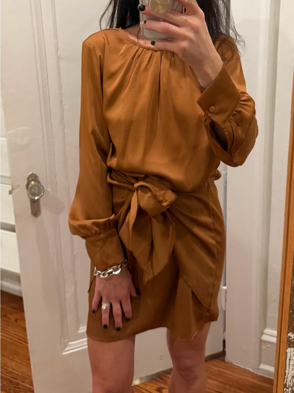 Long-Sleeve Tie-Waist Mini Dress in Camel